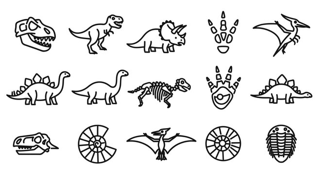 Doodle-style icon set of prehistoric dinosaurs, fossils, and skeletons in bold black line art.