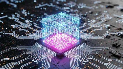 Digital data cube glowing on advanced microchip circuit board - Powered by Adobe
