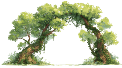 Archway formed by two lush green trees with vines and foliage