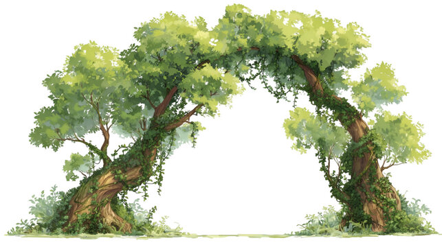 Archway formed by two lush green trees with vines and foliage