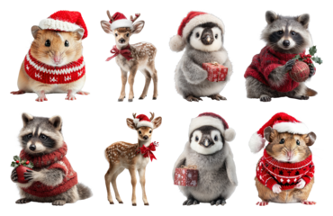 PNG Adorable animals in festive attire, element set on transparent background