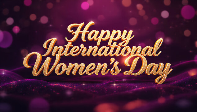 Elegant 3D Gold Metallic Typography of Happy International Women's Day on a Luxurious Dark Purple Bokeh Background; Festive and Sophisticated Greeting Card or Banner Design for March 8th Celebration