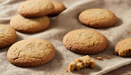 Homemade Christmas cookies placed on natural linen fabric,Holiday Cookies On Linen. Cozy Winter Baking Mood. Handmade Treats For New Year.