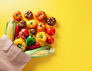 Vibrant Farmers Market Produce Flat Lay with Heirloom Tomatoes and Peppers