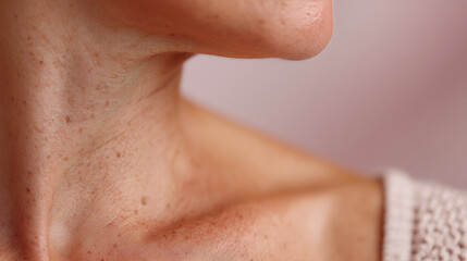Close up of collarbone and neck area showing natural skin texture, mild discoloration, and subtle freckles, highlighting aging and healthy human skin in soft lighting
