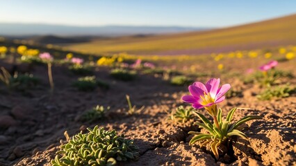 Delicate Purple Flowers Bloom in Arid Desert Landscape at Sunset.