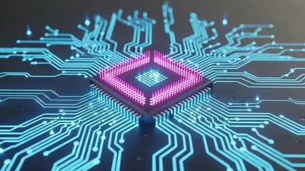 Central processing unit on circuit board with glowing blue lines. - Powered by Adobe