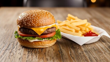 Delicious Cheeseburger and French Fries on a Wooden Table.