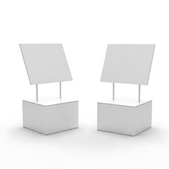Two White Stands with Blank Signs for Display.