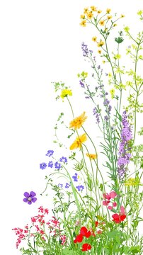 Vibrant collection of assorted wildflowers borders the right and bottom edge on a white background