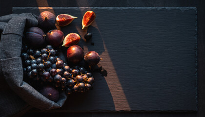 Dramatic Autumn Fruits: Black Grapes, Figs, Plums on Dark Slate