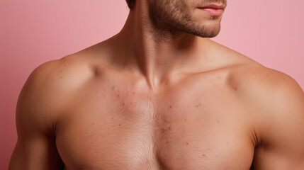 Male torso with visible small inflamed pores, mild chest acne, and natural skin texture against pink background, showing healthy yet realistic appearance