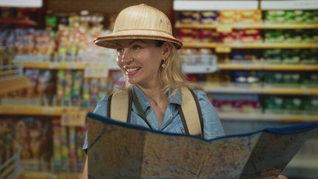 Woman tourist in explorer hat points finger to map amid grocery shelves in building; curiosity exploration.