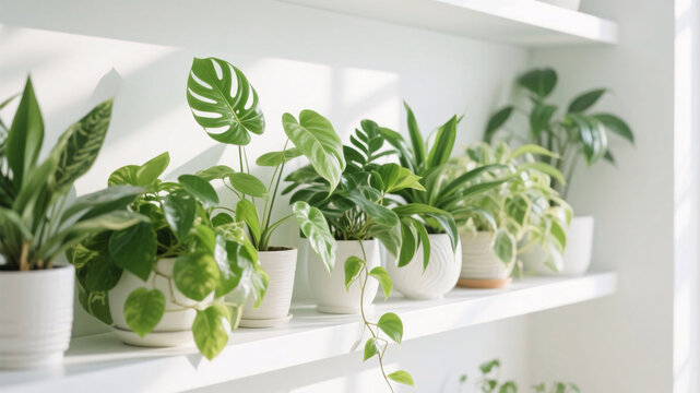 Lush green plants displayed on a simple white shelf under bright high-key daylight, their vibrant foliage creating an uplifting contrast against the clean backdrop and enhancing a modern, wellness-for