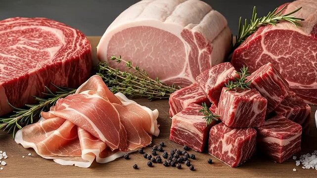 A visually appealing arrangement of various raw, fresh meat cuts displayed on a rustic wooden cutting board, ready for culinary preparation. The selection includes succulent beef, lean pork loin, and 