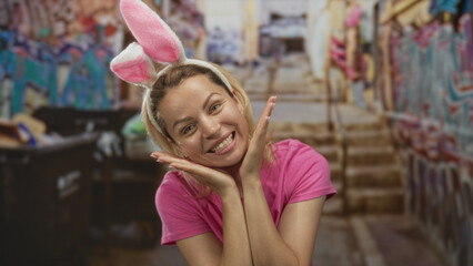 Woman wearing bunny ears headband and pink shirt frames face with hands on colorful graffiti street; playful joy.