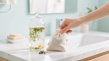 A bright high-key bathroom scene featuring a woman’s hand placing a cotton pouch of natural herbal blends beside infused water to emphasize gentle everyday rituals that support preventive urinary trac
