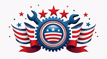 A modern patriotic Labor Day composition depicting tools and gears integrated with dynamic red white and blue ribbon accents crafted in a clean structured style suitable for professional event brandin