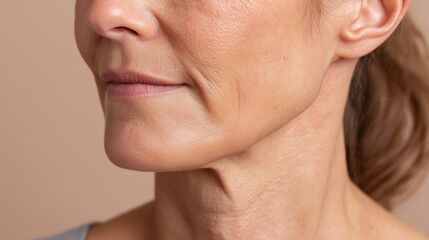 Obraz premium Close up of mature woman jawline with visible skin texture, fine lines, and natural aging, showing healthy complexion and subtle smile in neutral background