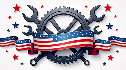 A detailed Labor Day themed illustration showcasing symbolic tools and mechanical gears wrapped in patriotic red white and blue ribbons designed with crisp lines and balanced lighting for high versati