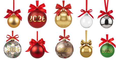 Collection of Christmas ornament with a red ribbon bow hanging on transparent background png