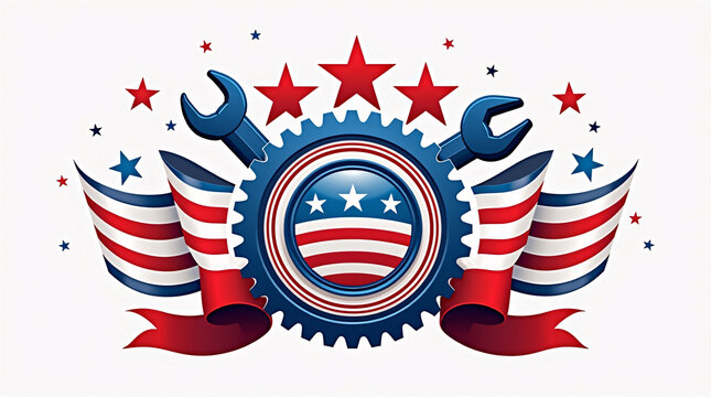 A modern patriotic Labor Day composition depicting tools and gears integrated with dynamic red white and blue ribbon accents crafted in a clean structured style suitable for professional event brandin