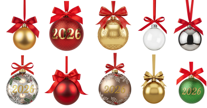 Collection of Christmas ornament with a red ribbon bow hanging on transparent background png