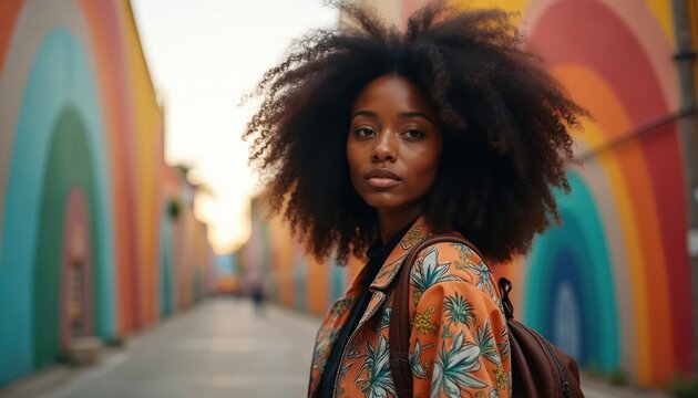 Young african woman poses at rainbow wall in city. Fashion model wears floral jacket with backpack, afro hair. Female confident, stylish on street. Urban lifestyle in trendy clothes. Beauty concept.