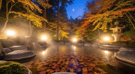 A serene autumnal scene with a pond illuminated by lanterns, surrounded by colorful leaves and a full moon in the sky.