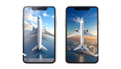 Two 3D airplane on smartphone concepts bundle isolated on transparent background