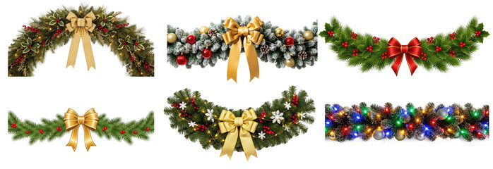 Collection of beautifully decorated Christmas wreath with a gold bow and lights, adorned with holly and berries on transparent background png
