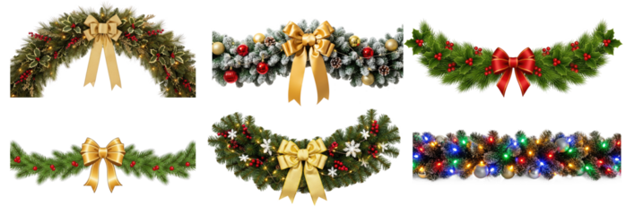 Collection of beautifully decorated Christmas wreath with a gold bow and lights, adorned with holly and berries on transparent background png