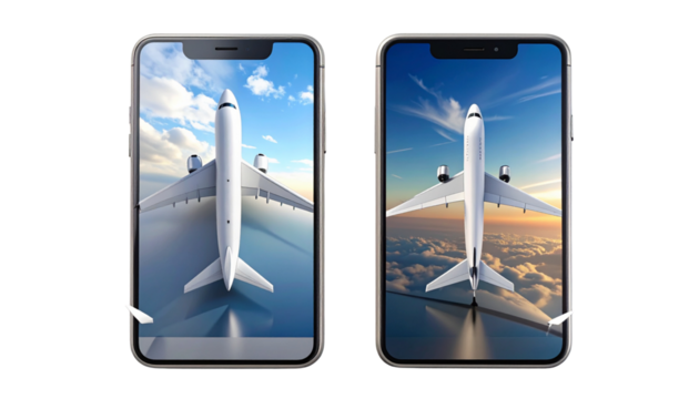Two 3D airplane on smartphone concepts bundle isolated on transparent background