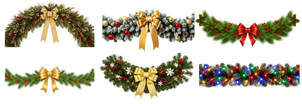 Collection of beautifully decorated Christmas wreath with a gold bow and lights, adorned with holly and berries on transparent background png