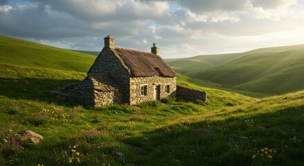 Ancient stone cottage nestles within rolling green hills bathed in golden sunlight