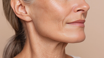 Fototapeta premium Mature woman jawline close up showing smooth skin, natural aging, fine lines, and healthy complexion, highlighting facial structure and subtle expression of confidence