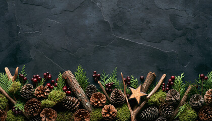 Rustic Woodland Christmas Border with Pine Cones and Berries