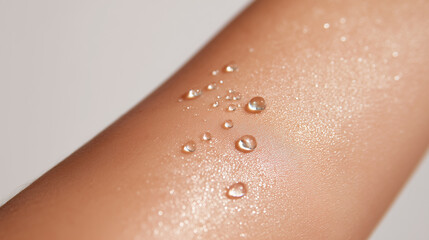 Fototapeta premium Radiant skin with fresh vitamin droplets glistening on smooth surface, close up macro shot showing hydration, moisture, and healthy glowing complexion