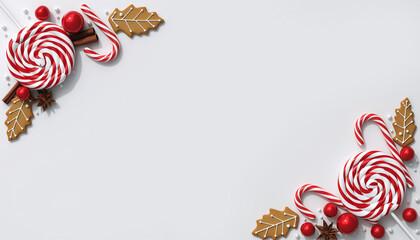 Festive Candy and Gingerbread Christmas Corner Border on White