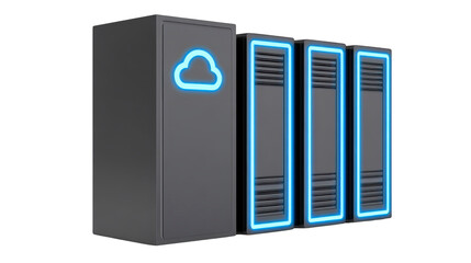 Cloud server data storage network technology digital futuristic blue light isolated modern secure system describe modern cloud server with glowing blue accents representing secure digital data