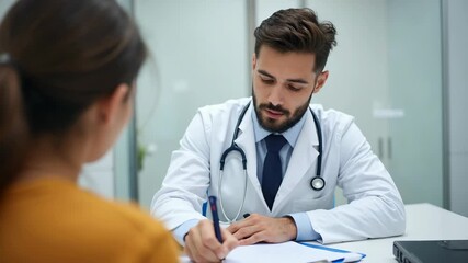 Serious young doctor listening to patient complaints with empathy, engagement writing notes, making records on pad, meeting with young mall for consultation, ex.