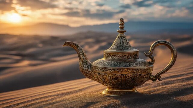 Ornate Golden Teapot Resting on Sand Dune at Golden Hour Sunset Warm Lighting Dramatic Clouds Horizon