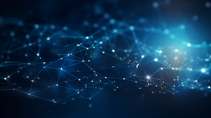 Blue network structure with glowing points creates a digital, abstract background. Useful for tech presentations, science posters, or website design.