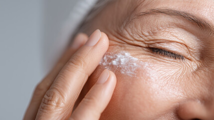 Macro detail of mature woman applying soft cream to forehead lines, showing smooth skin texture, anti aging skincare routine, and gentle touch for healthy, radiant appearance