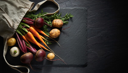 Fresh Organic Root Vegetables Spilling from Canvas Bag on Dark Slate