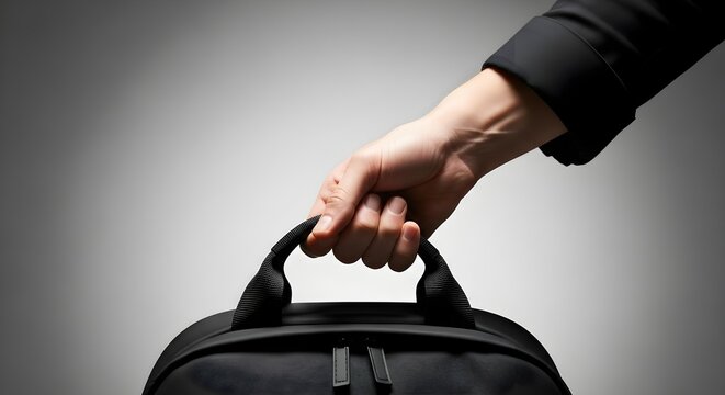 Hand holding a modern black backpack