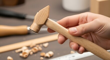 Craftsman holding wooden hammer in workshop