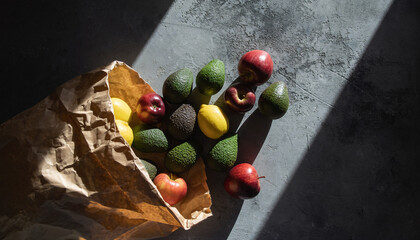Fresh Produce Flat Lay: Avocados, Lemons, and Apples Spilling from a Paper Bag