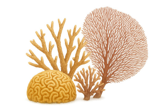 Underwater ecosystem with various coral species including brain coral and branching corals, marine life illustration