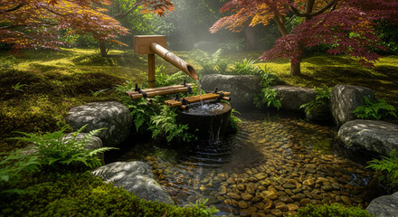 pond with bamboo fountain